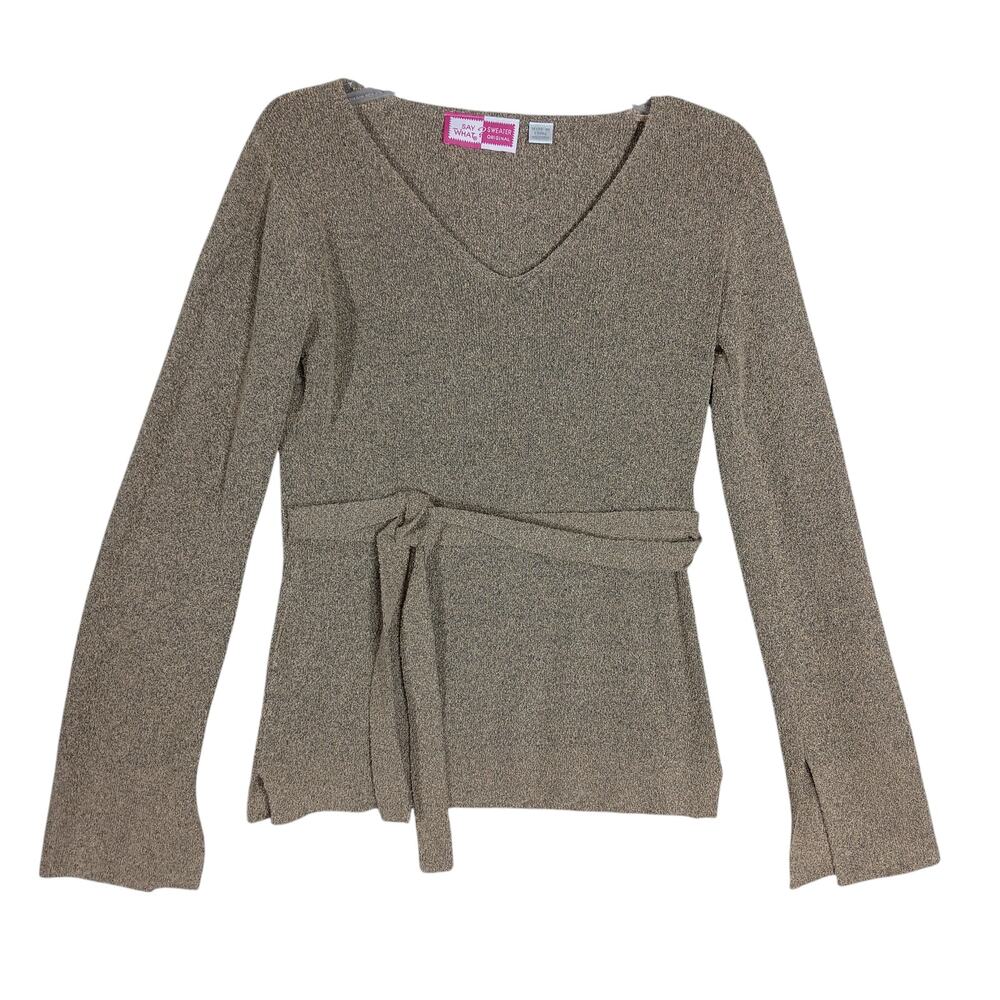 Say What? Sweater Top Textured Knit Size Medium Beige Long Sleeve V Neckline